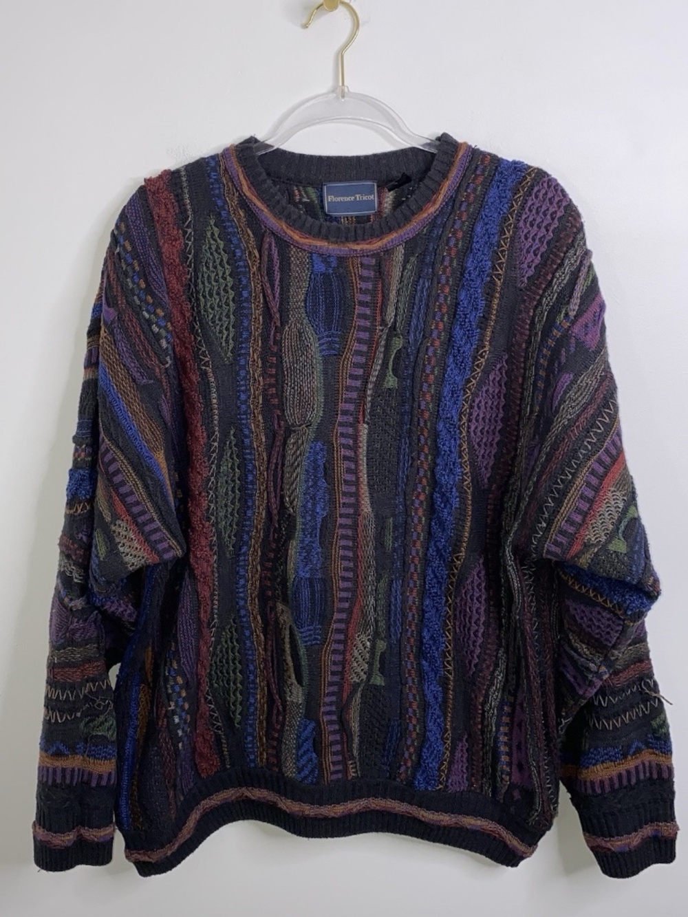 Florence Tricot Vtg Mens XL Blk Multicolor 3D Textured Knit Coogi Style Sweater